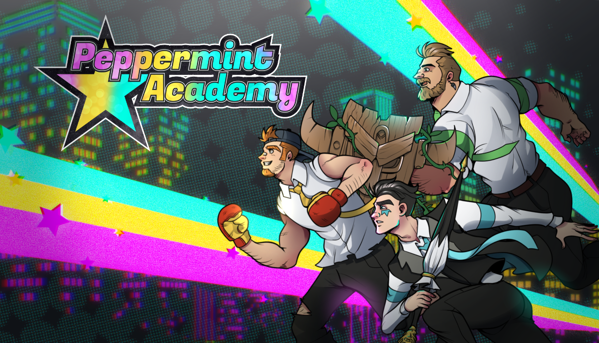 Peppermint Academy — key art showing Rick, Jet, and Dimitri charging into battle against a city skyline